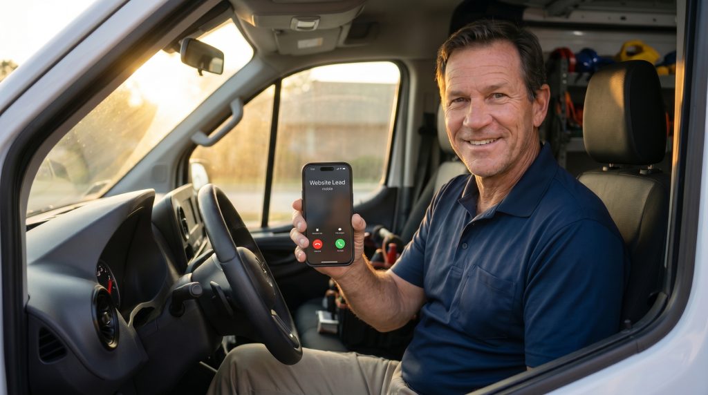 Smiling contractor in his work truck holding up his iPhone showing an incoming call from "Website Lead". Proof that the PPC campaign is generating booked work